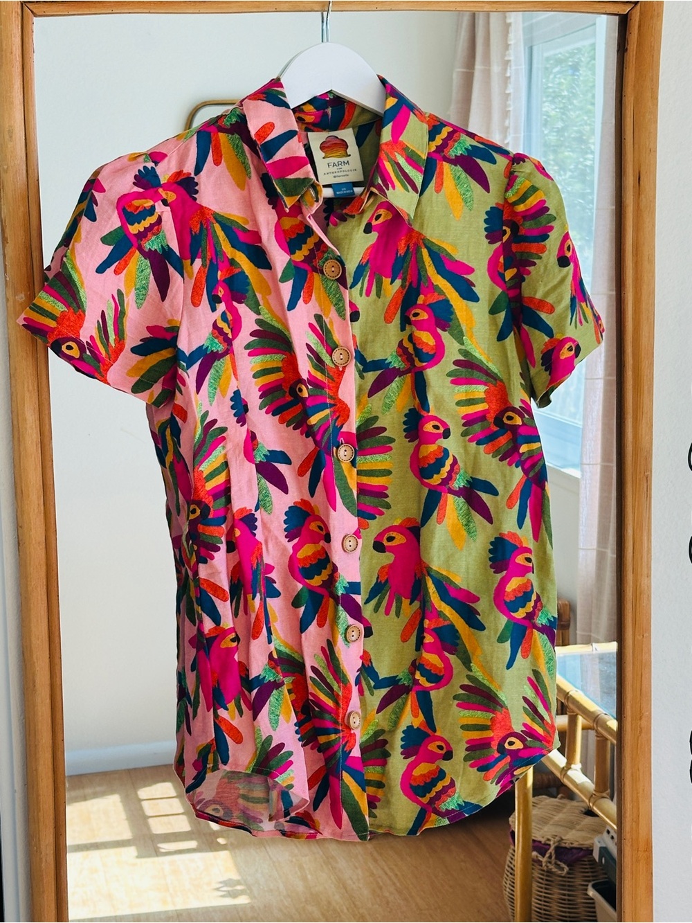 FARM Rio Colorblock Parrot-Print Short-Sleeve Button-Down in Pink & Green